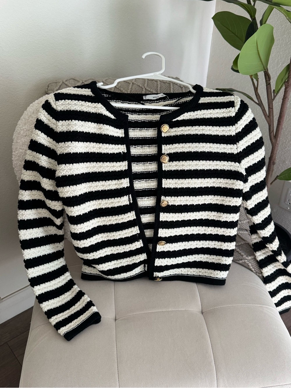 Mango Black and White Striped Button Cardigan